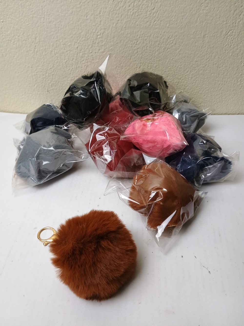 Fluffy Faux Fur Pom Pom Keychain Lot Of 11 - Brown